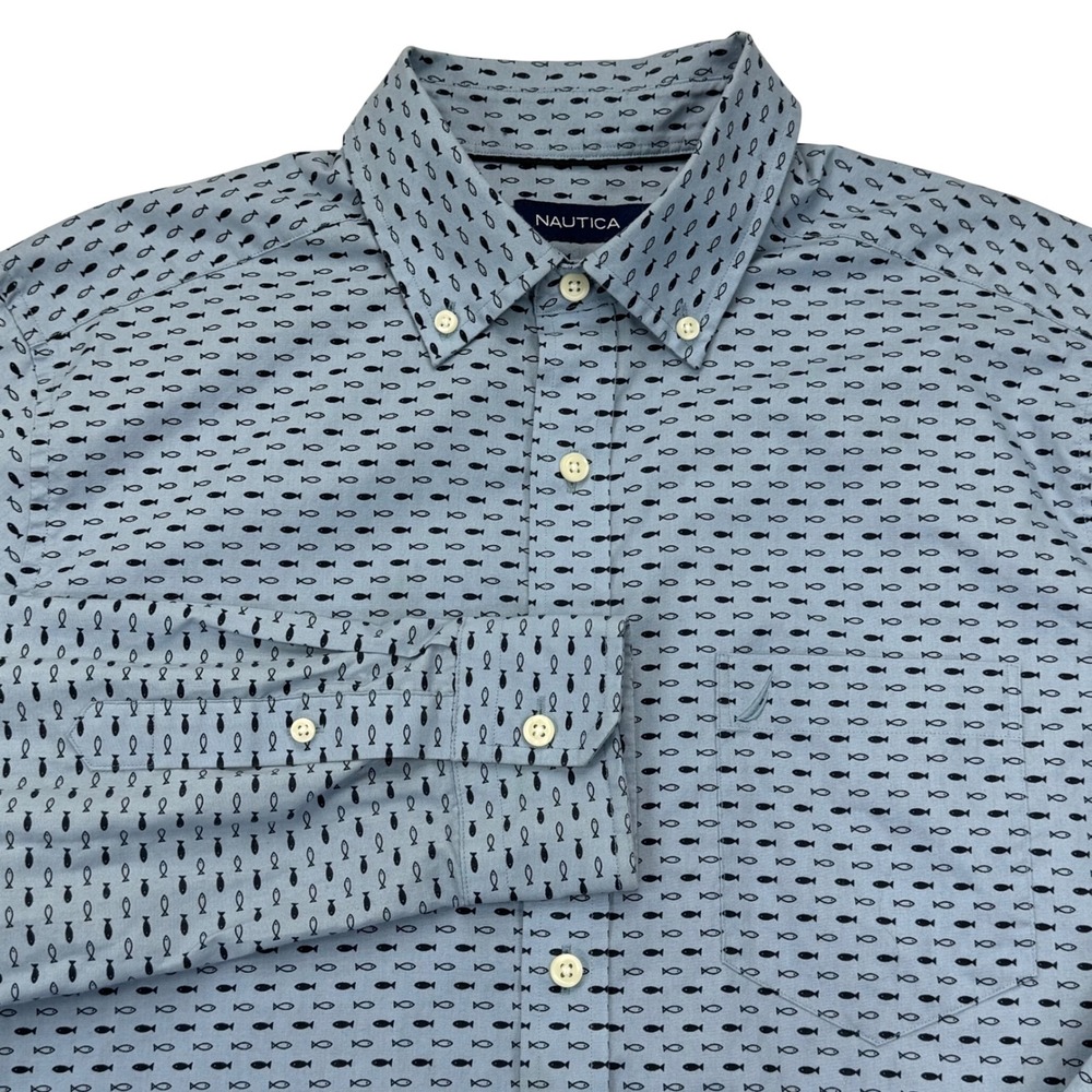 Nautica Mens Medium Light Blue Navy Fish Print Long Sleeve Button Down Shirt